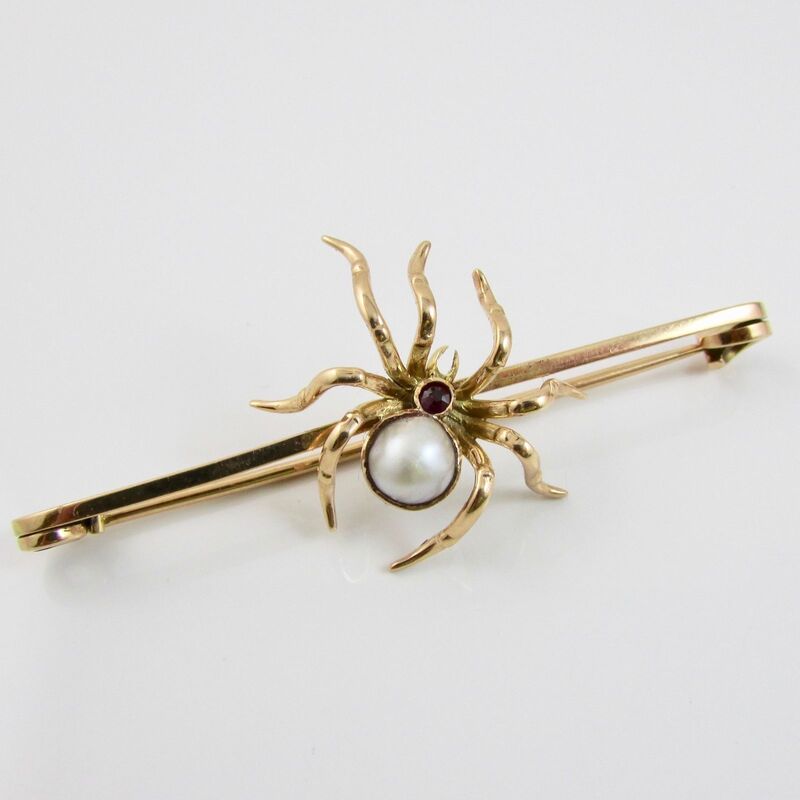 Antique Victorian 15ct Yellow Gold 625 Ruby & Pearl Spider Brooch