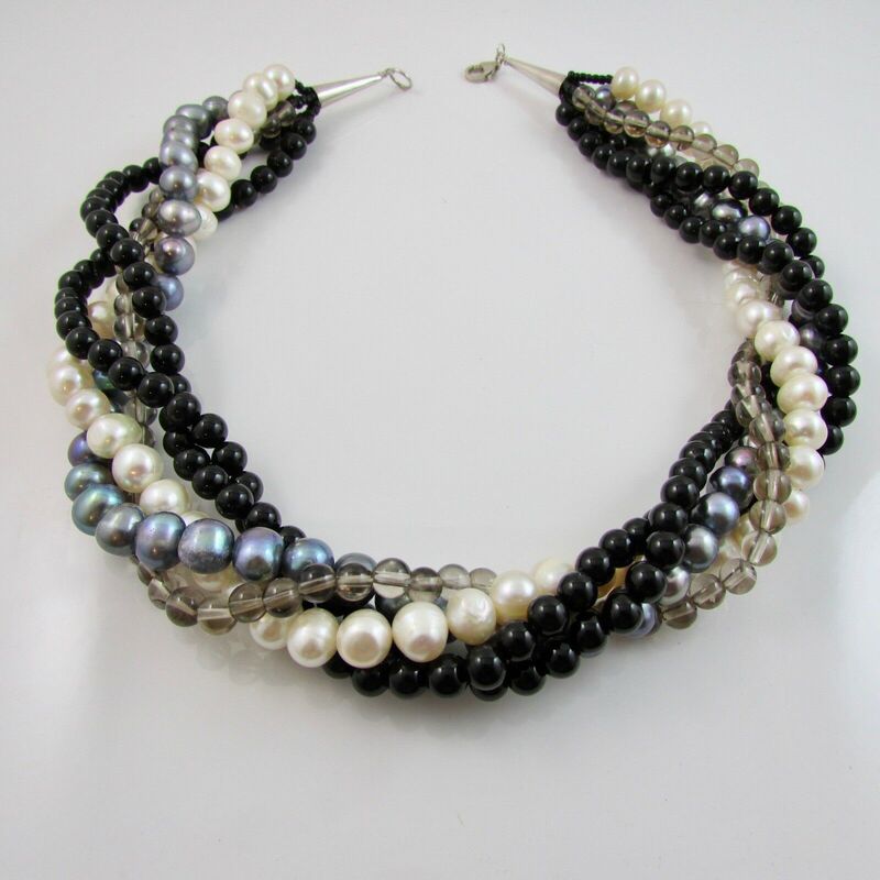 Silver Clasped Onyx Quartz & Pearl 5 Stranded Necklace 18