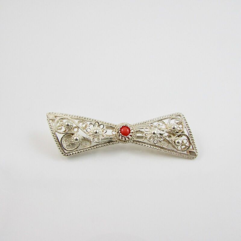 Silver Filigree Bow Brooch With Coral - 3.9 Grams
