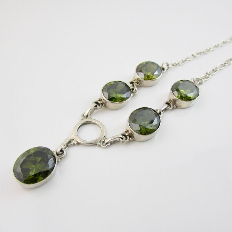 Sterling Silver 925 Faceted Green Tourmaline Pendant Chain Link Necklace 20