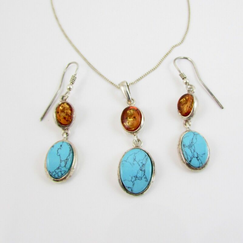 Sterling Silver Turquoise & Amber Pendant Drop Earrings & 18