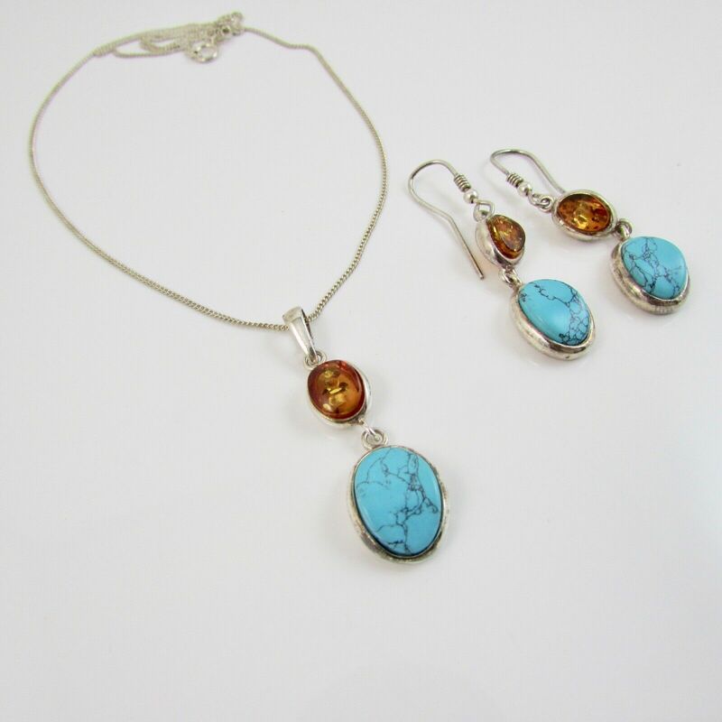Sterling Silver Turquoise & Amber Pendant Drop Earrings & 18
