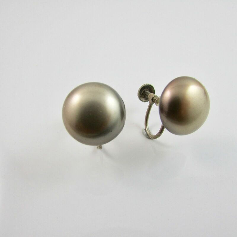 Vintage Silver Screw Back Faux Pearl Stud Earrings