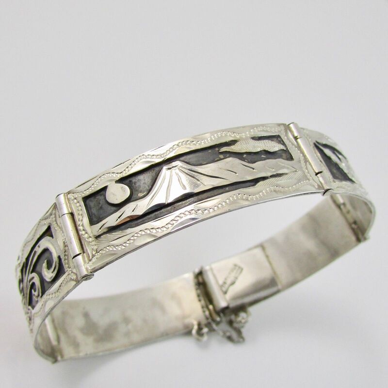 Vintage Sterling Silver 900 Guatemala Niello Tribal Panel Link Bracelet 14.7g 1