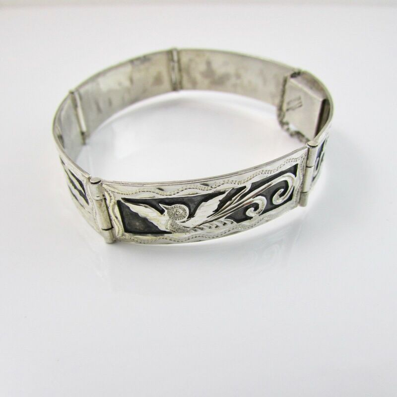 Vintage Sterling Silver 900 Guatemala Niello Tribal Panel Link Bracelet 14.7g 2