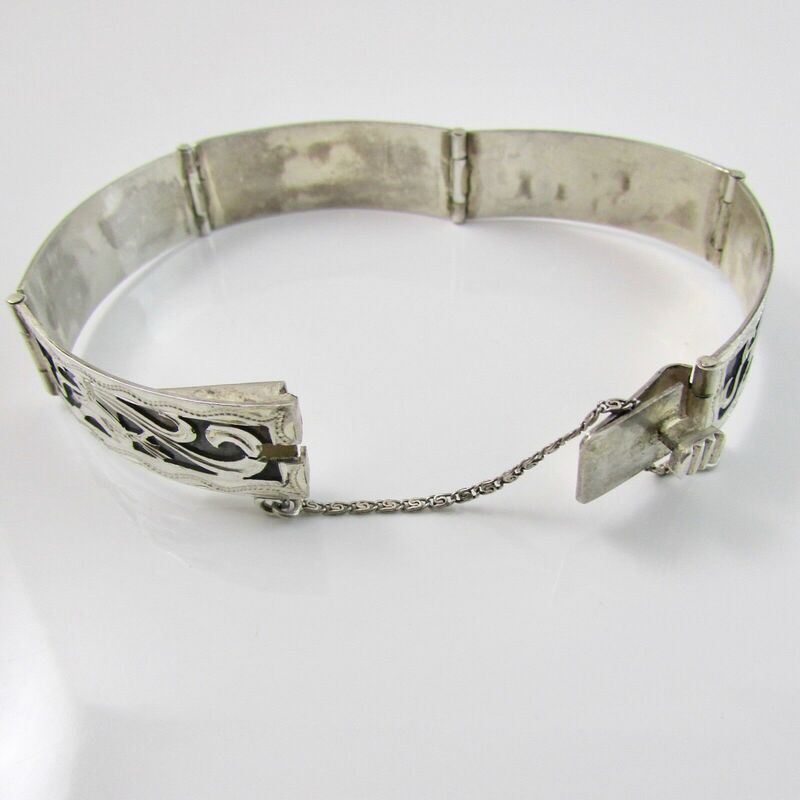Vintage Sterling Silver 900 Guatemala Niello Tribal Panel Link Bracelet 14.7g 3