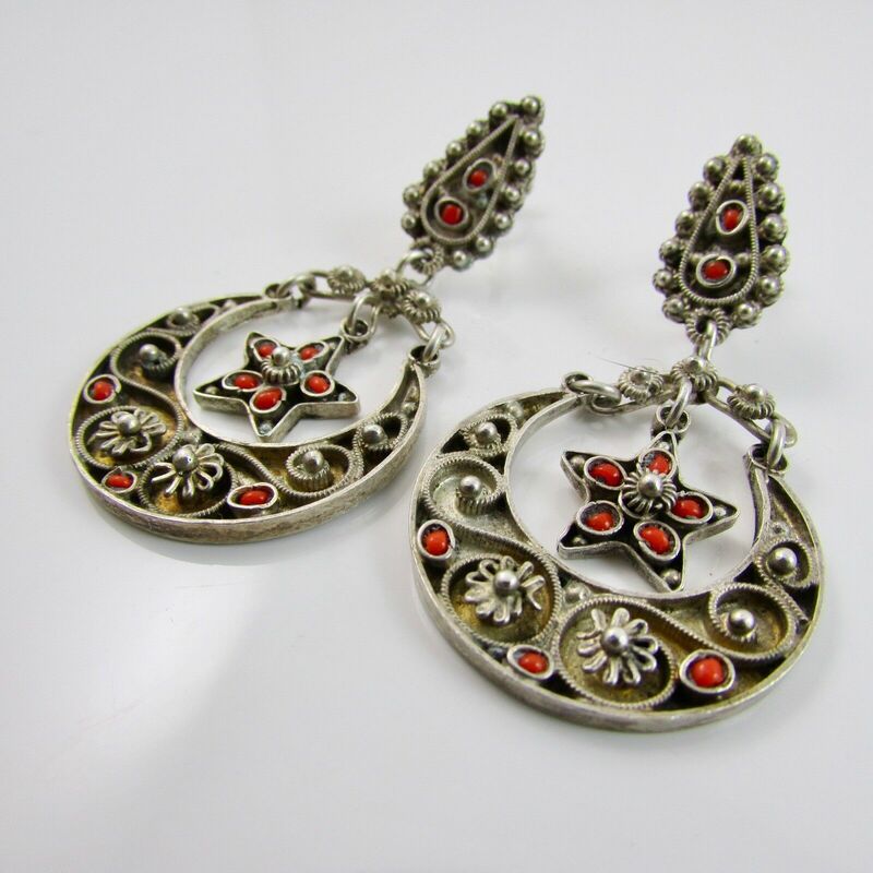 Vintage Sterling Silver Screw Back Indian Design Coral Drop Dangle Earrings